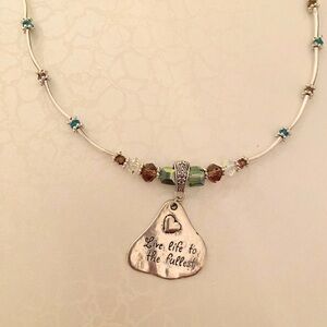 Inspirational Silver Pendant Necklace with aqua and purple Beads